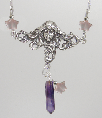 Sterling Silver Woman Maiden of the Morning Star Necklace With Amethyst And Pink MOP Stars